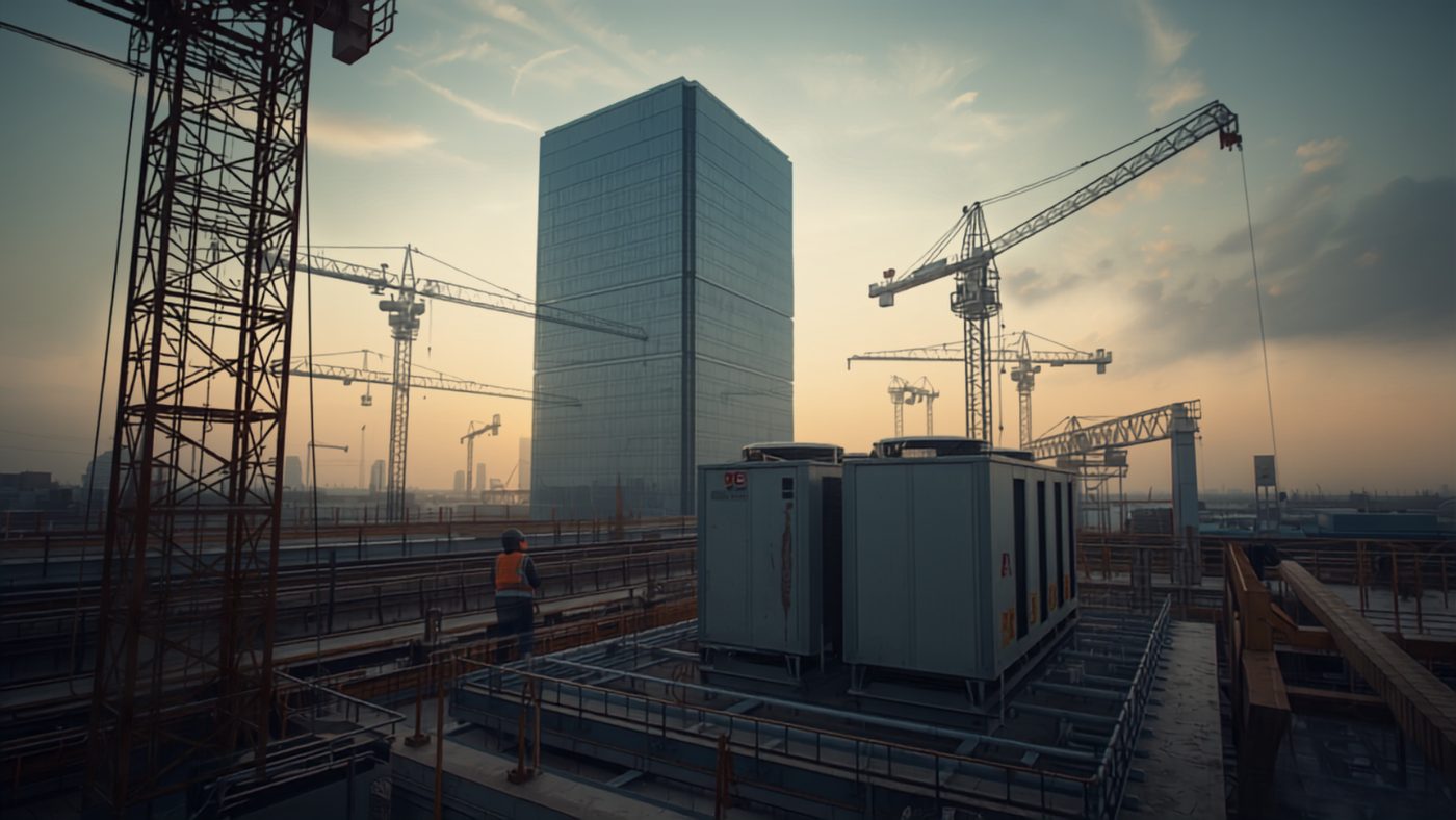 Large HVAC chiller units on a terminal construction site at dusk