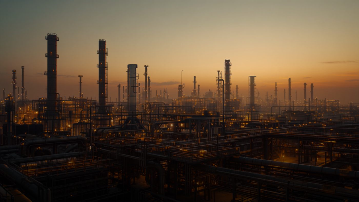 Refinery process towers and pipe racks silhouetted at dusk