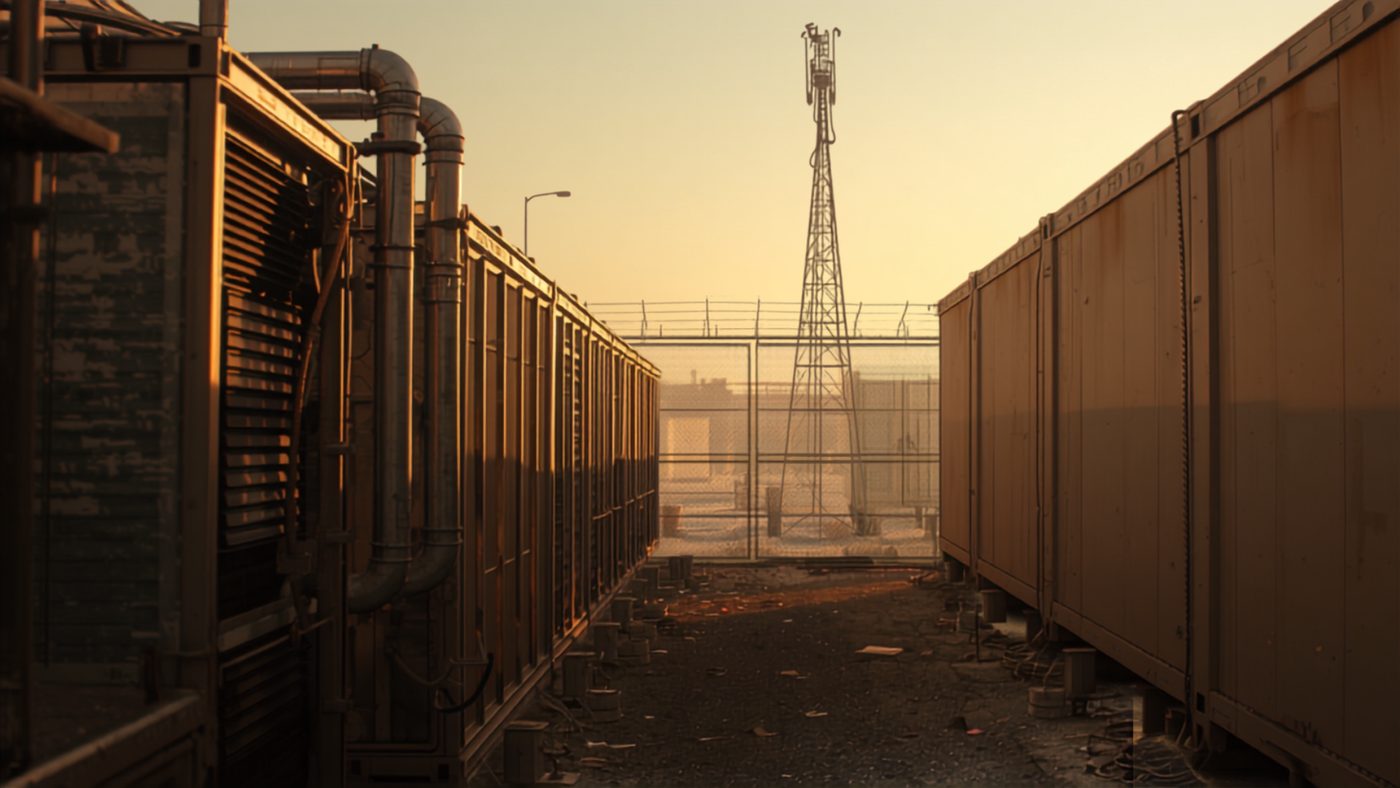 Mechanical plant and modular units at a secure desert facility at dusk