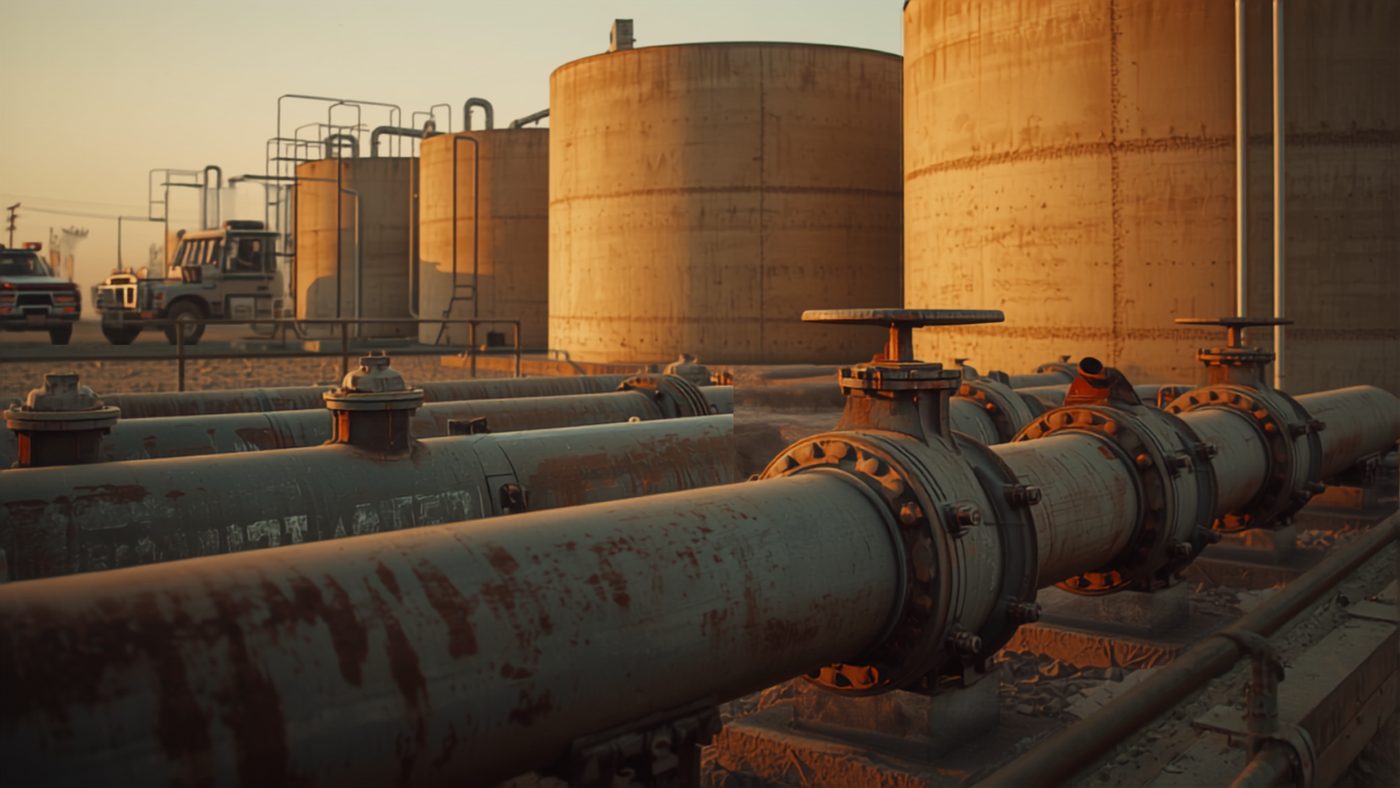 Large diameter water pipes and storage tanks at a utility station at dusk