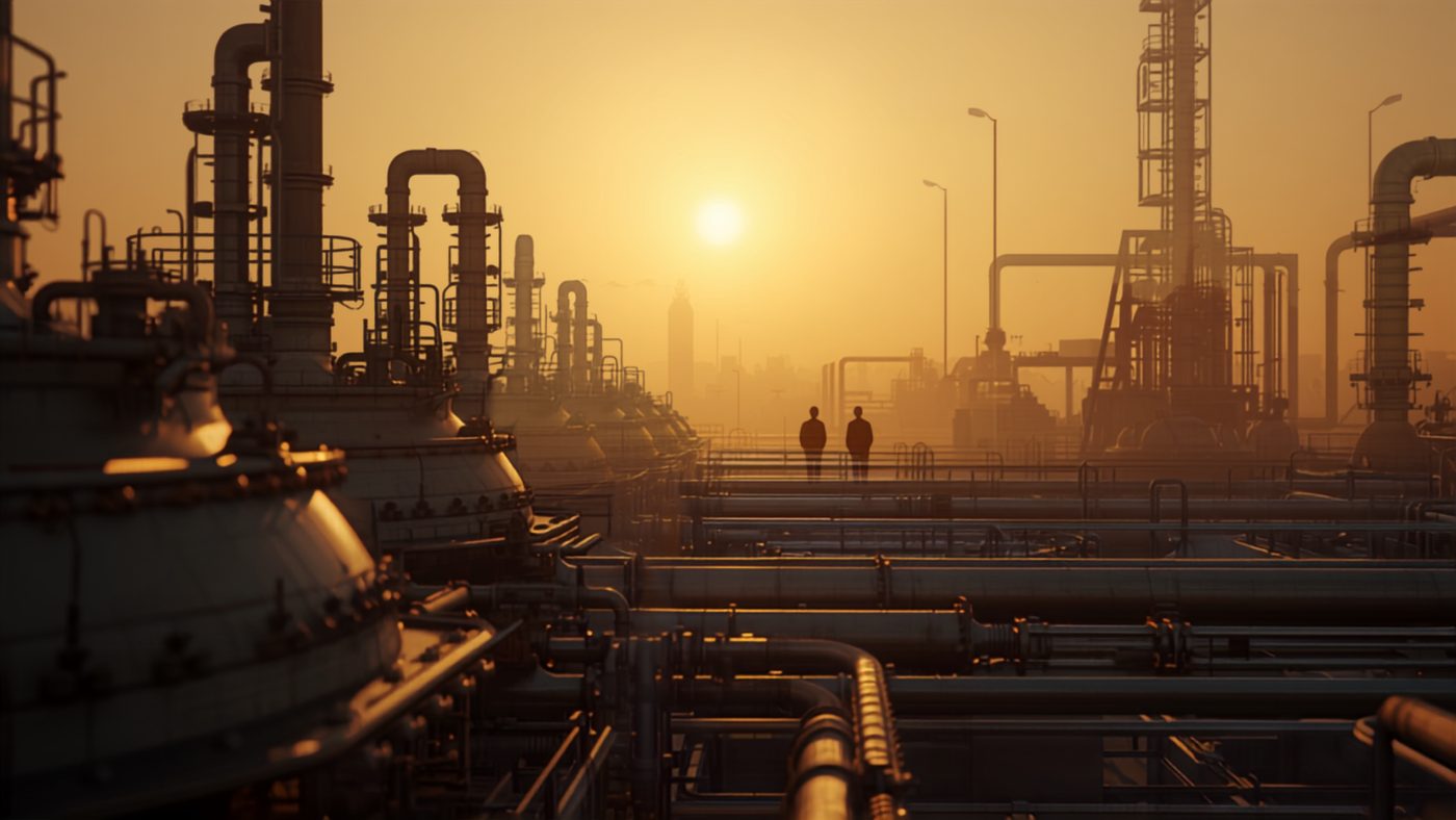 Process vessels and pipework at an oil gathering facility at dusk