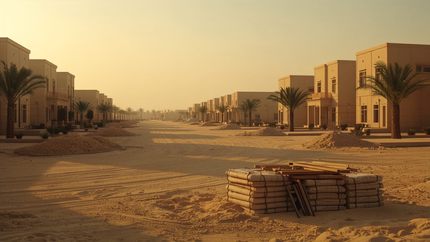 Newly built villas in a residential development at golden hour