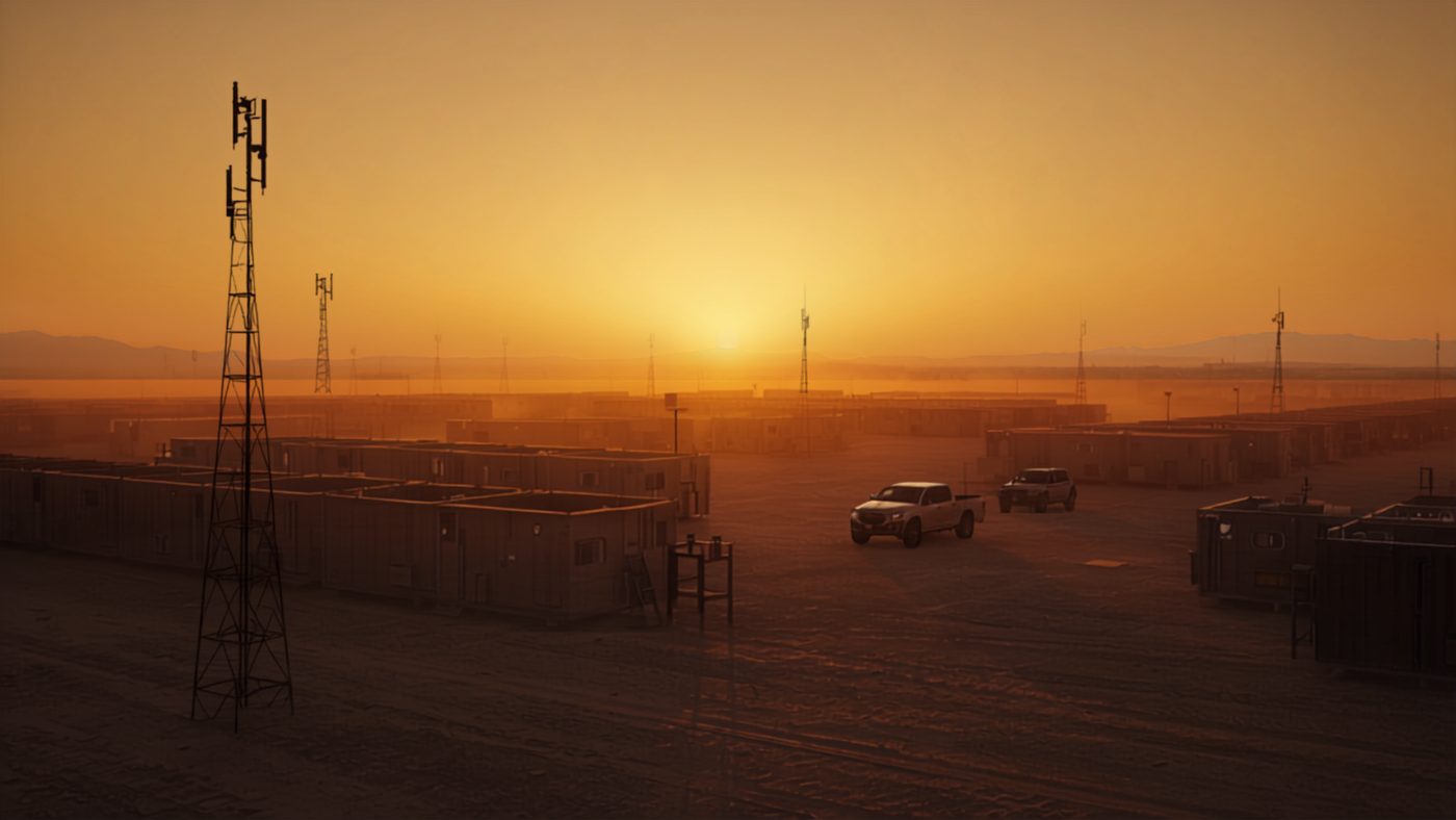 Remote desert work camp with modular accommodation units at dusk
