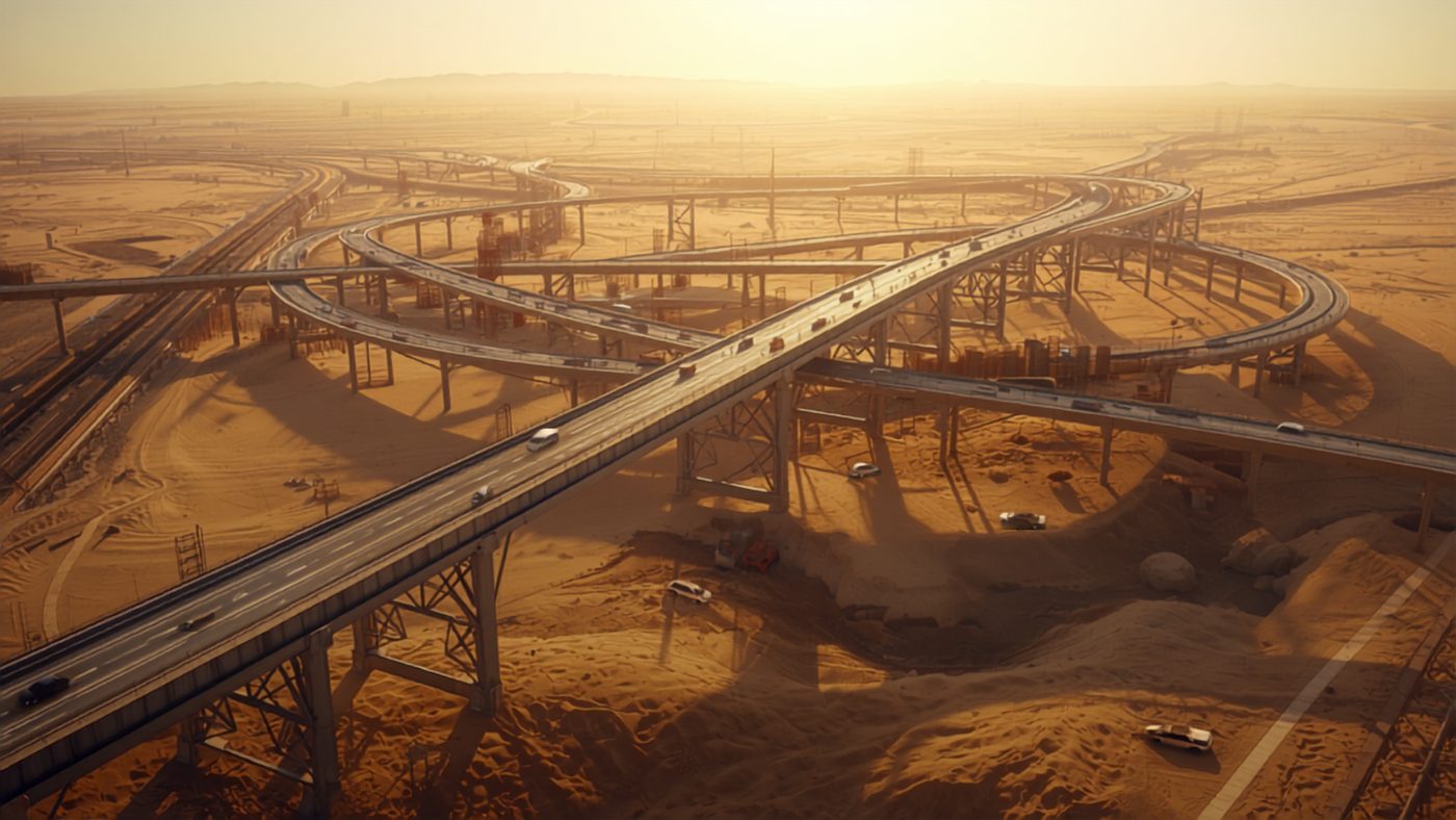 Highway interchange under construction in the Kuwaiti desert