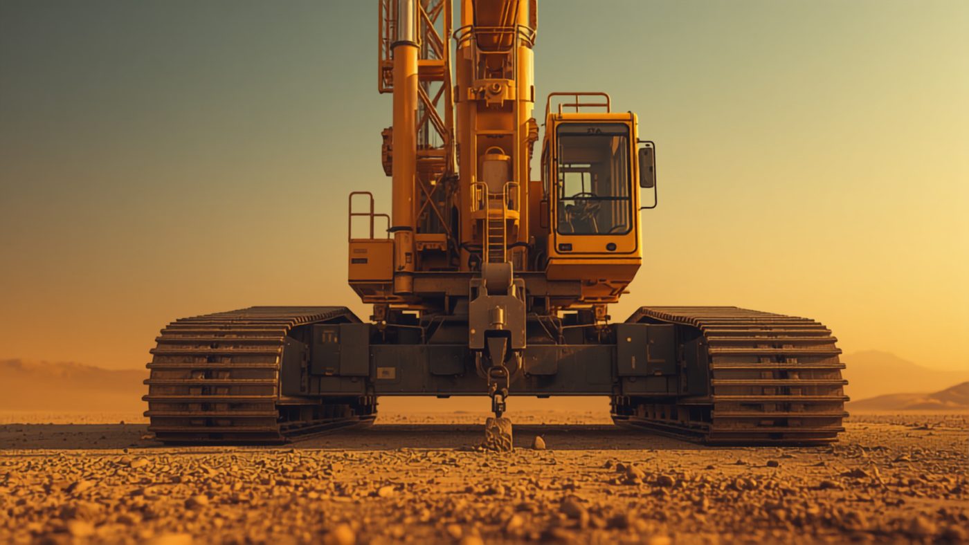 Heavy tracked crane on a desert construction site at golden hour