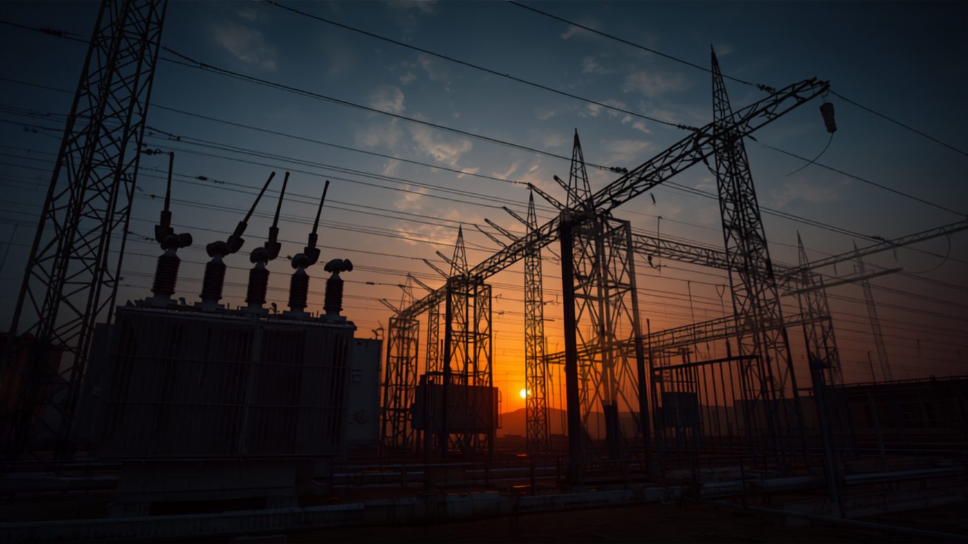 Electrical substation with transformers and transmission towers at dusk