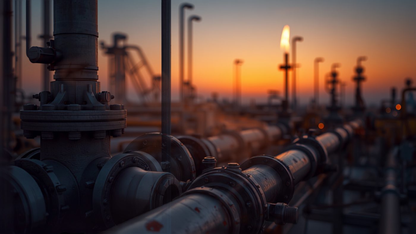 Industrial pipeline valves and flare stack at a Kuwait energy facility at dusk
